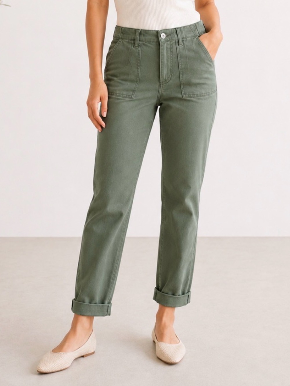 Vince Camuto Olive Green Utility Pants 27 Straight Leg Patch Pocket Cotton